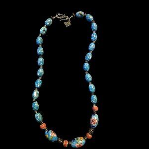 Hand-Painted Floral Bead Necklace Blue Mother-Of-Pearl Infused Ornate Clasp